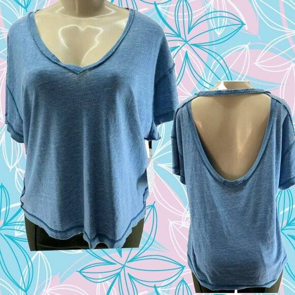 Free People S Baja Blue V-Neck Raw Edges Relaxed Fit Open Back Short Sleeve Tee - Picture 1 of 6